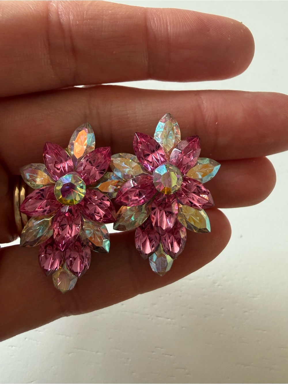 Vintage Pink Aurora Borealis Rhinestone Flower Earrings with Comfort Clip Backs